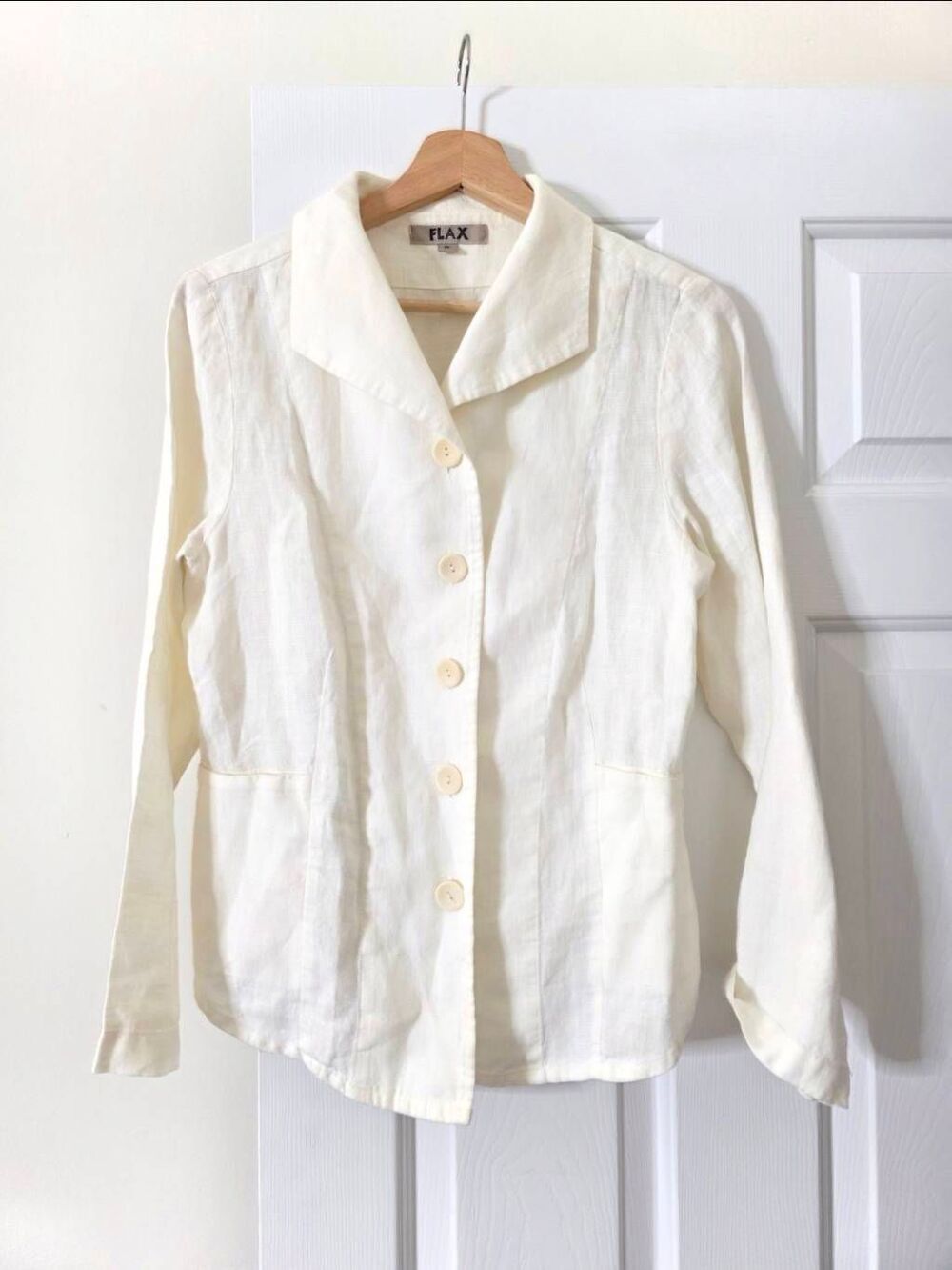 FLAX Womens Ivory Linen Button Front Lightweight Jacket Blazer P(4~6)